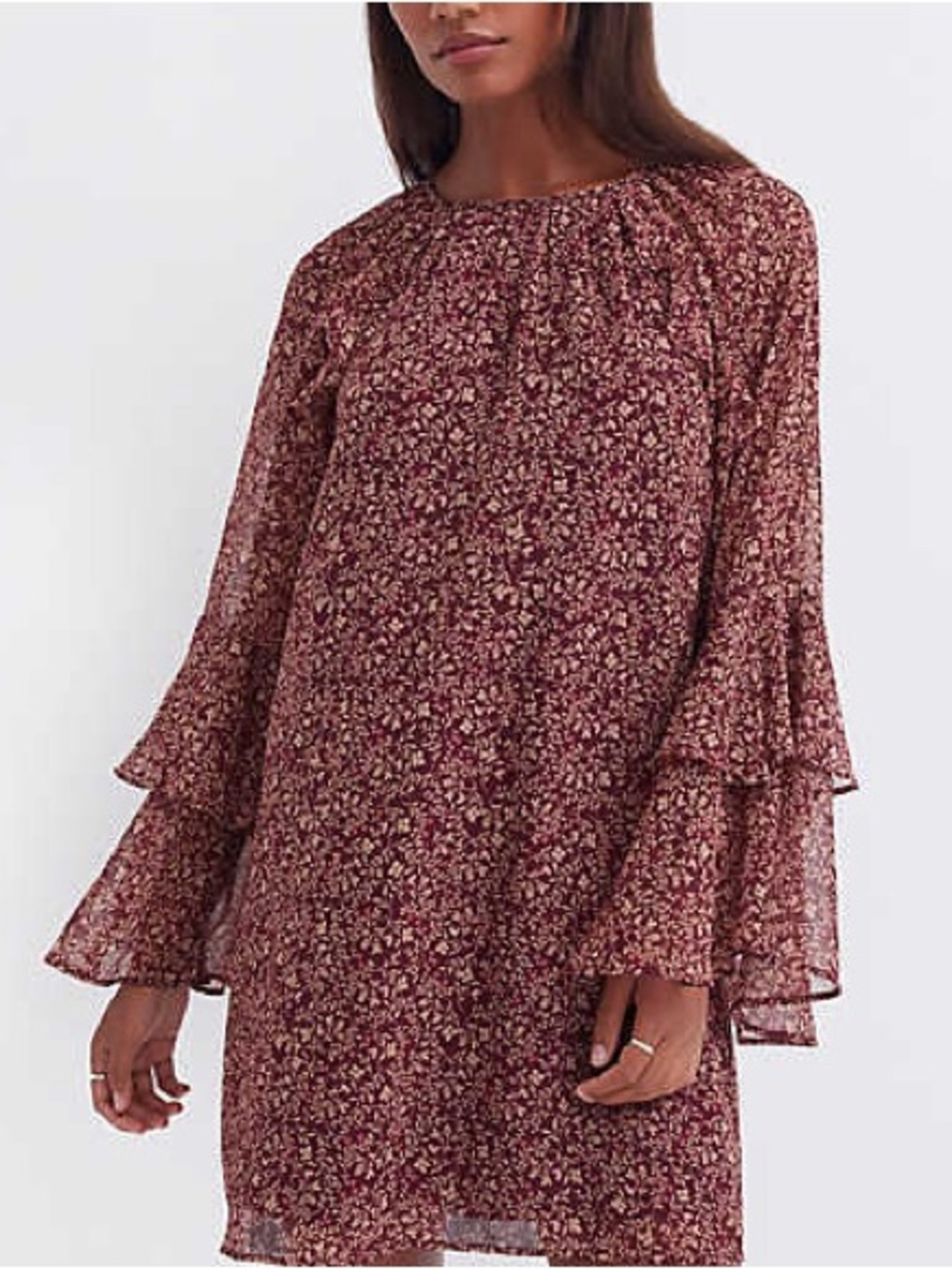 LOFT XL Burgundy Floral Bell Sleeve Mini Dress Boho Romantic NWT